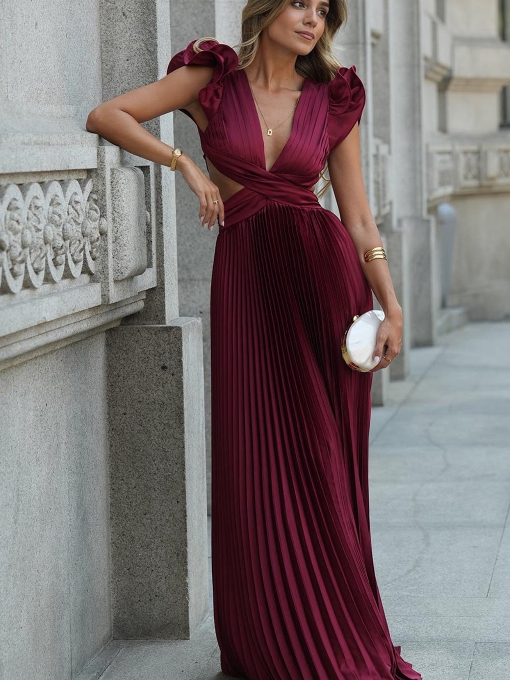 Women's Burgundy Pleated Maxi Dress with V-Neck and Ruffle Sleeves